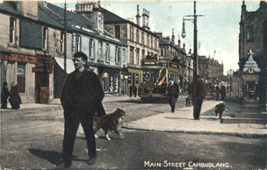 Main Street at junction of West Coats Road showing the Jubilee Fountain, Presented by Hugh Glen, Wellshot House, Cambuslang in Commemoration of the Diamond Jubilee of Her Majesty Queen Victoria 1897 - Card dated 1907